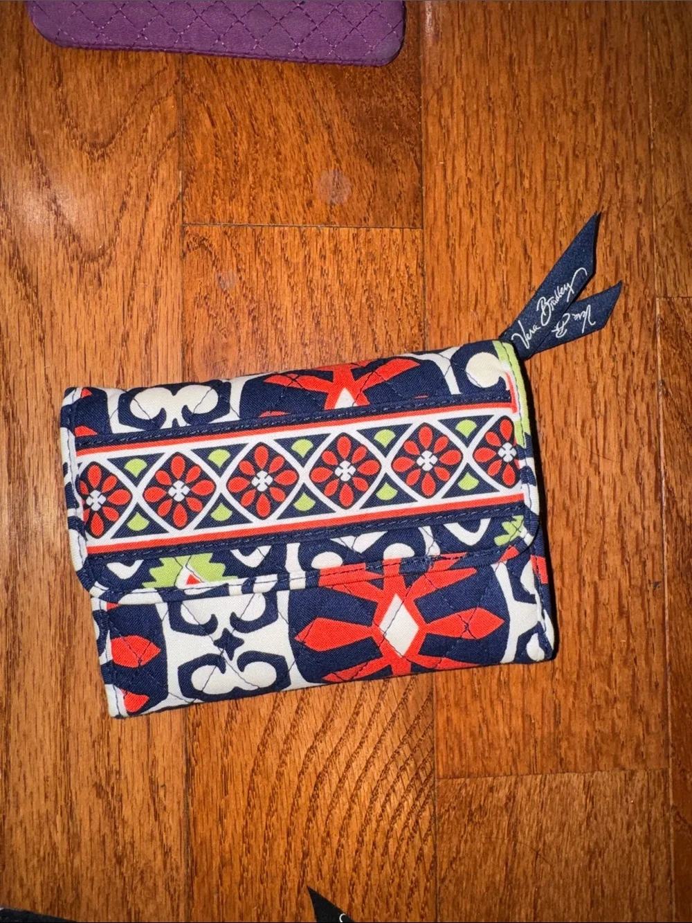Vera Bradley Navy Quilted Wallet with Red, White & Lime Floral Geometric Print